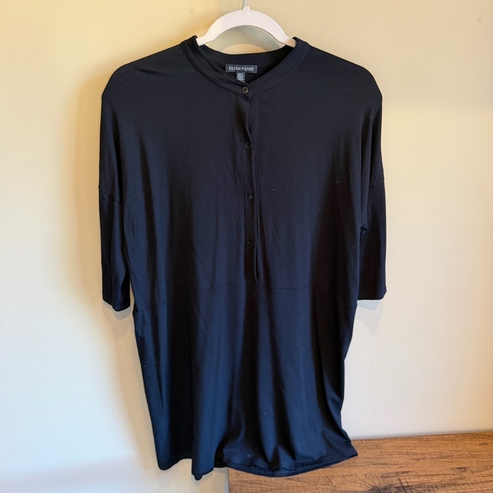 Eileen Fisher Black 3/4 Sleeve Half Button Tunic